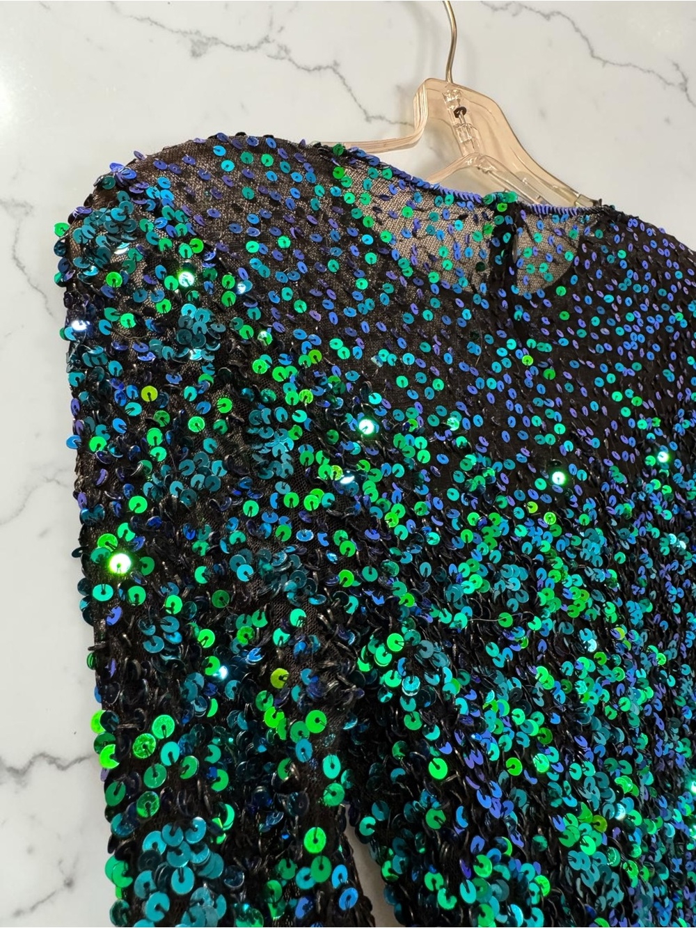Mac Duggal Green and Blue Iridescent Sequin Long-Sleeve Dress - Picture 5 of 6